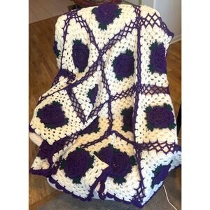Vintage Granny Square Afghan Throw Quilt - White, Purple, Green Floral  74"x48"